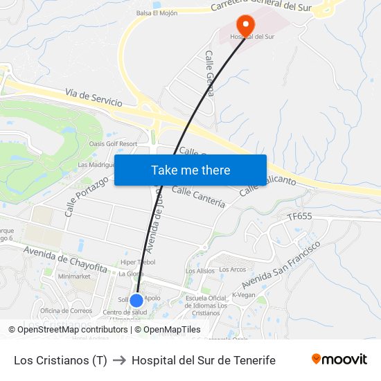 Los Cristianos  (T) to Hospital del Sur de Tenerife map