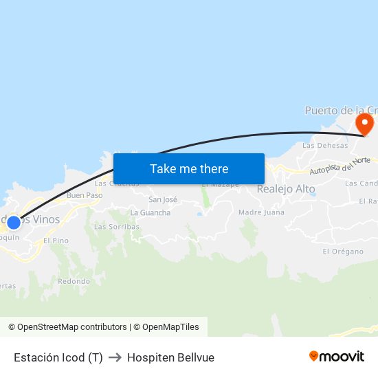 Estación Icod (T) to Hospiten Bellvue map