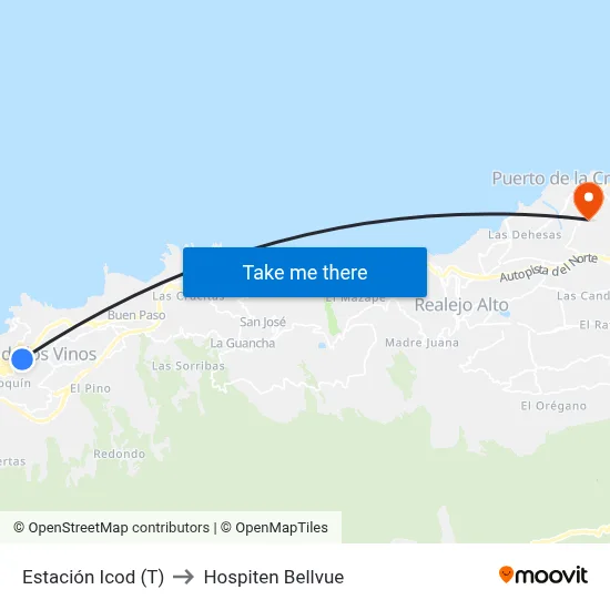 Estación Icod (T) to Hospiten Bellvue map