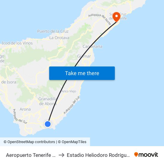 Aeropuerto Tenerife Sur (T) to Estadio Heliodoro Rodríguez López map