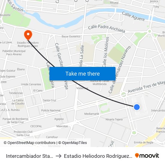 Intercambiador Sta.Cruz to Estadio Heliodoro Rodríguez López map