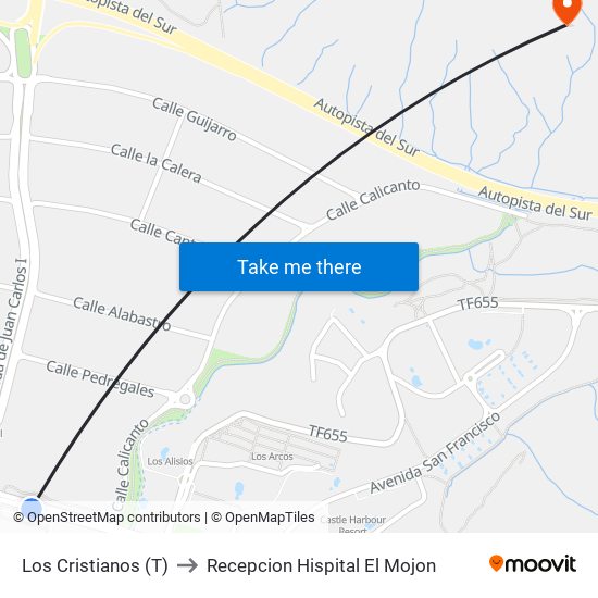 Los Cristianos (T) to Recepcion Hispital El Mojon map