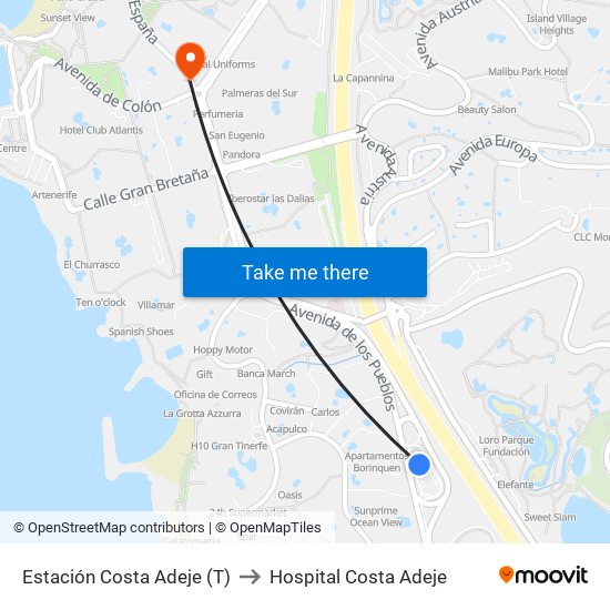 Estación Costa Adeje (T) to Hospital Costa Adeje map