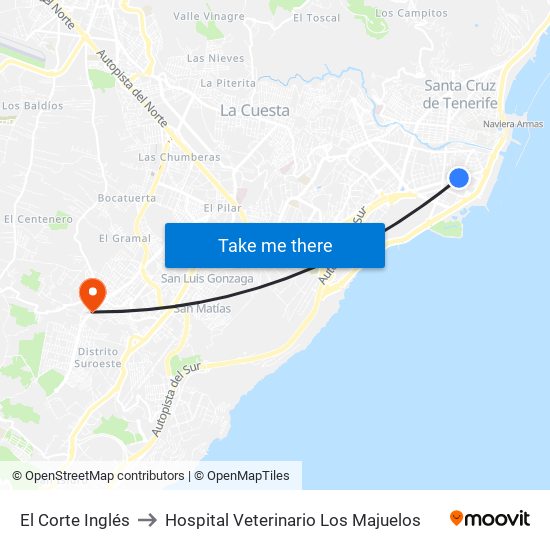 El Corte Inglés to Hospital Veterinario Los Majuelos map