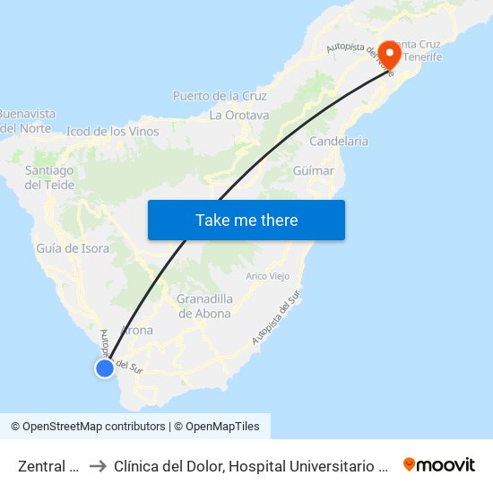 Zentral Center to Clínica del Dolor, Hospital Universitario de Canarias, La Laguna map