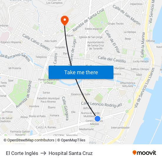 El Corte Inglés to Hospital Santa Cruz map