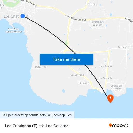 Los Cristianos  (T) to Las Galletas map