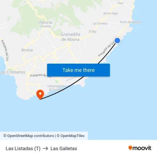 Las Listadas (T) to Las Galletas map