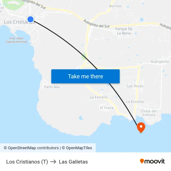 Los Cristianos (T) to Las Galletas map