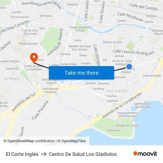 El Corte Inglés to Centro De Salud Los Gladiolos map