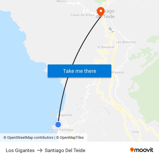 Los Gigantes to Santiago Del Teide map