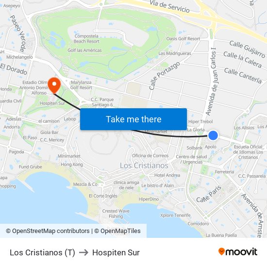 Los Cristianos (T) to Hospiten Sur map