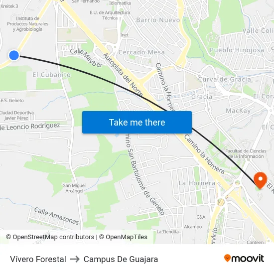 Vívero Forestal to Campus De Guajara map