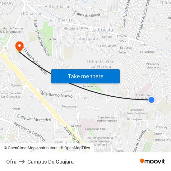 Ofra to Campus De Guajara map