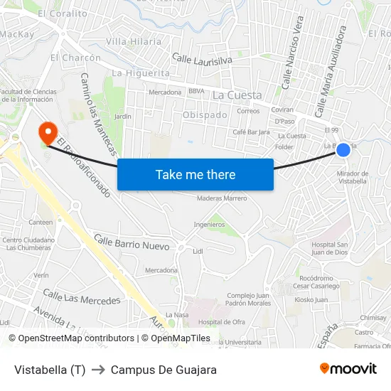 Vistabella (T) to Campus De Guajara map