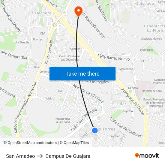 San Amadeo to Campus De Guajara map