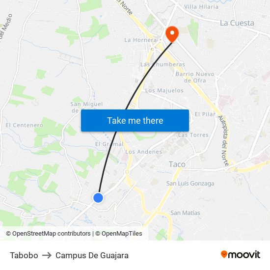 Tabobo to Campus De Guajara map