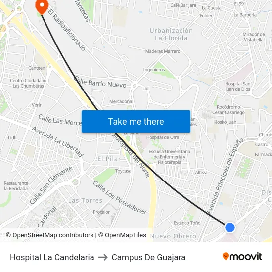 Hospital La Candelaria to Campus De Guajara map