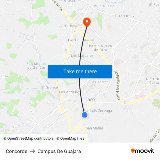 Concorde to Campus De Guajara map