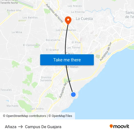 Añaza to Campus De Guajara map