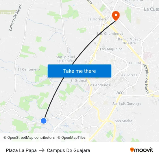 Plaza La Papa to Campus De Guajara map