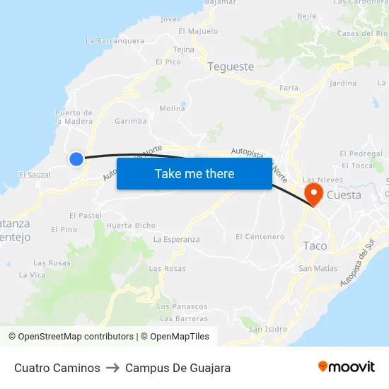 Cuatro Caminos to Campus De Guajara map