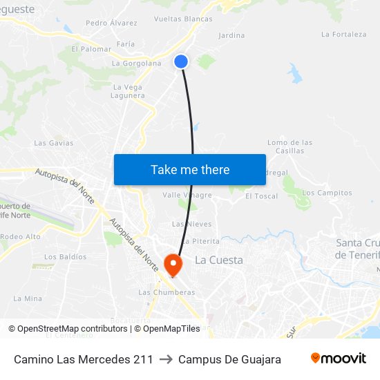 Camino Las Mercedes 211 to Campus De Guajara map