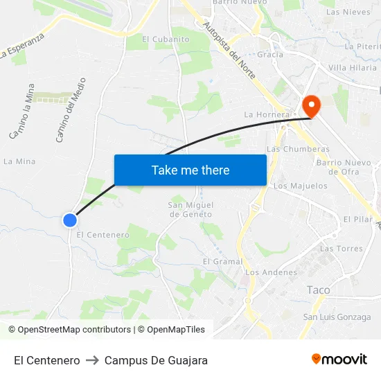 El Centenero to Campus De Guajara map