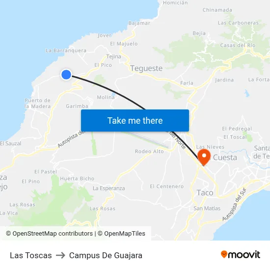 Las Toscas to Campus De Guajara map