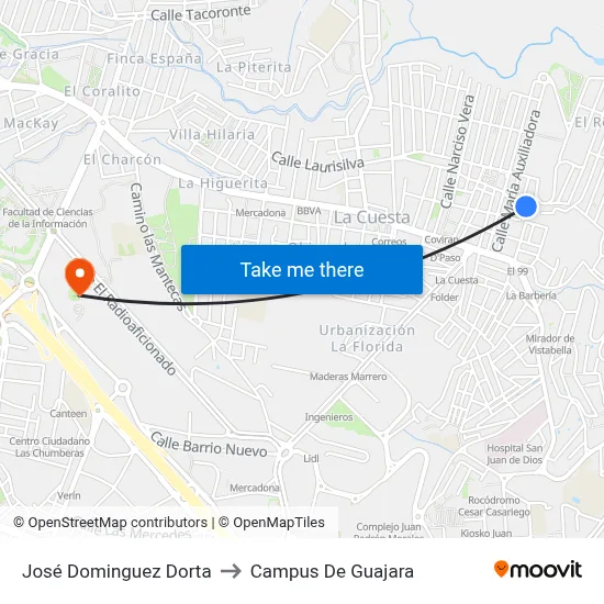 José Dominguez Dorta to Campus De Guajara map