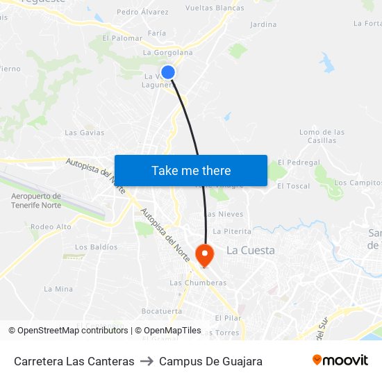 Carretera Las Canteras to Campus De Guajara map