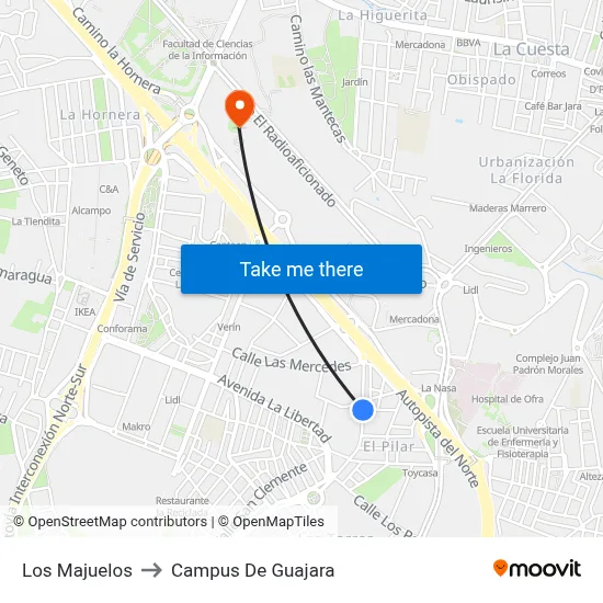 Los Majuelos to Campus De Guajara map