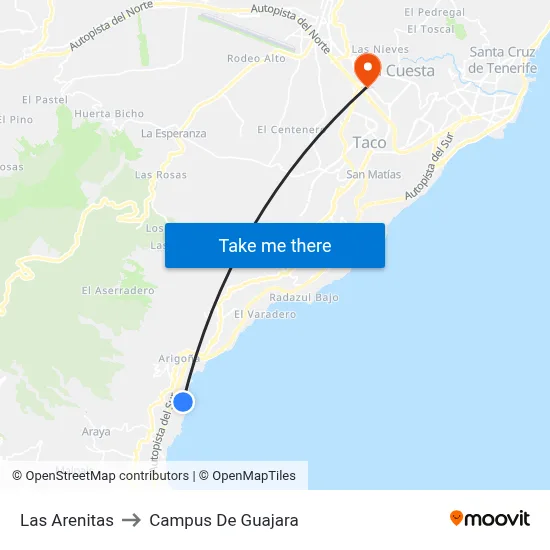 Las Arenitas to Campus De Guajara map