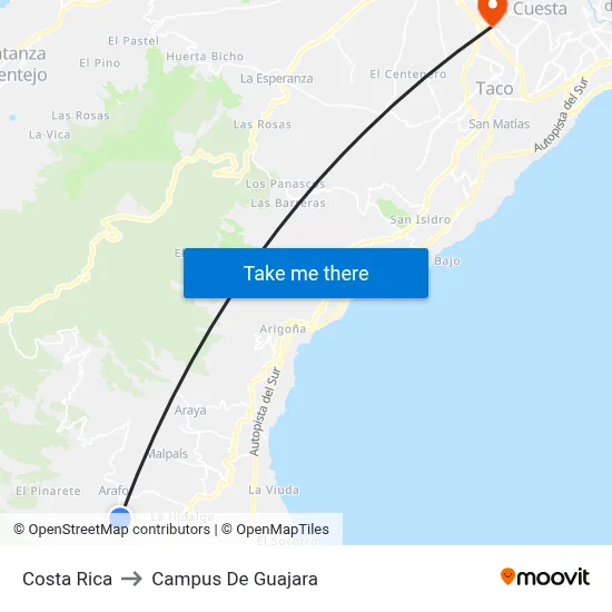 Costa Rica to Campus De Guajara map