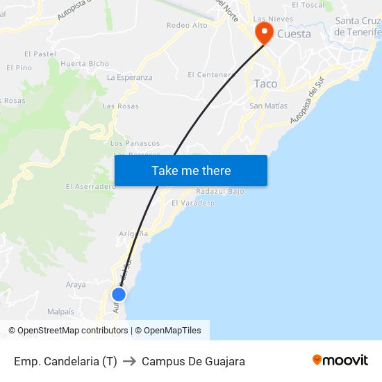 Emp. Candelaria (T) to Campus De Guajara map