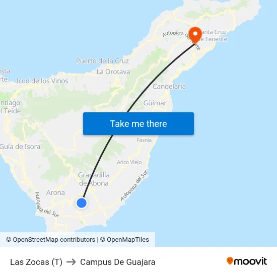 Las Zocas (T) to Campus De Guajara map
