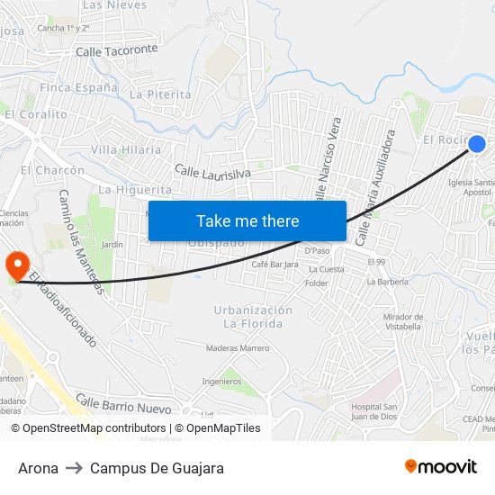 Arona to Campus De Guajara map