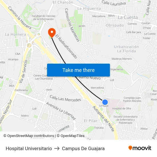 Hospital Universitario to Campus De Guajara map