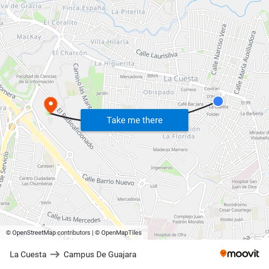 La Cuesta to Campus De Guajara map
