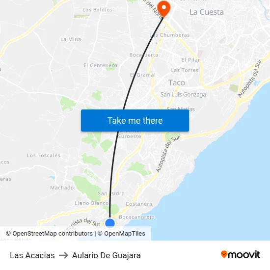 Las Acacias to Aulario De Guajara map