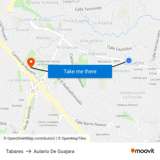 Tabares to Aulario De Guajara map