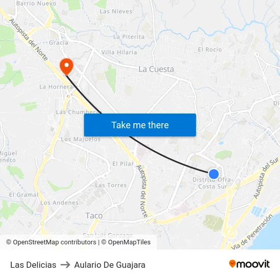 Las Delicias to Aulario De Guajara map
