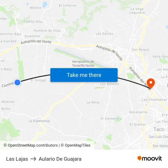 Las Lajas to Aulario De Guajara map