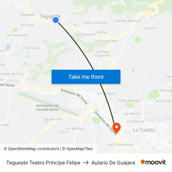 Tegueste Teatro Príncipe Felipe to Aulario De Guajara map