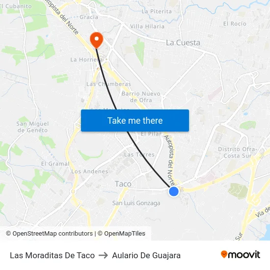 Las Moraditas De Taco to Aulario De Guajara map