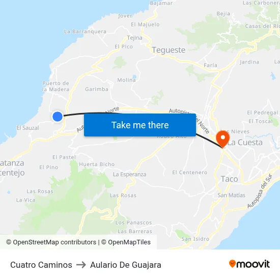 Cuatro Caminos to Aulario De Guajara map