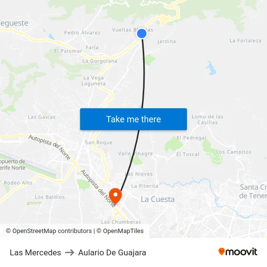 Las Mercedes to Aulario De Guajara map