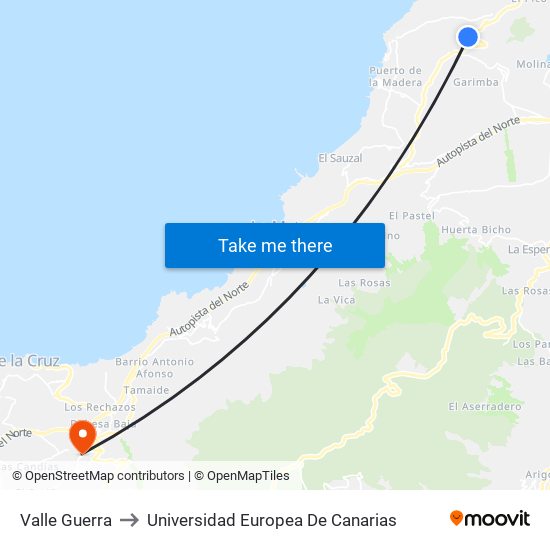 Valle Guerra to Universidad Europea De Canarias map