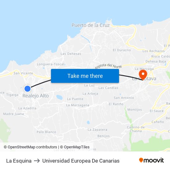 La Esquina to Universidad Europea De Canarias map