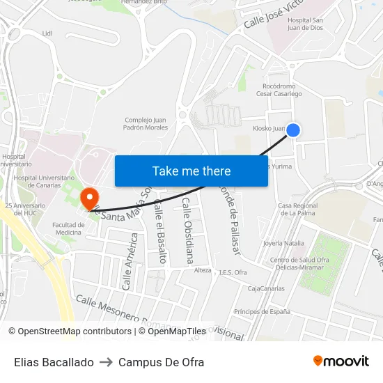 Elias Bacallado to Campus De Ofra map